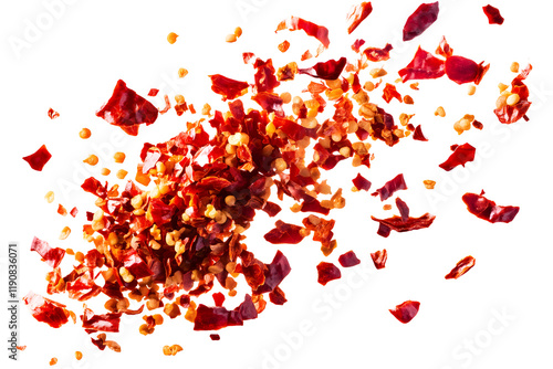  Floating Crushed red pepper flakes Isolated on PNG background photo