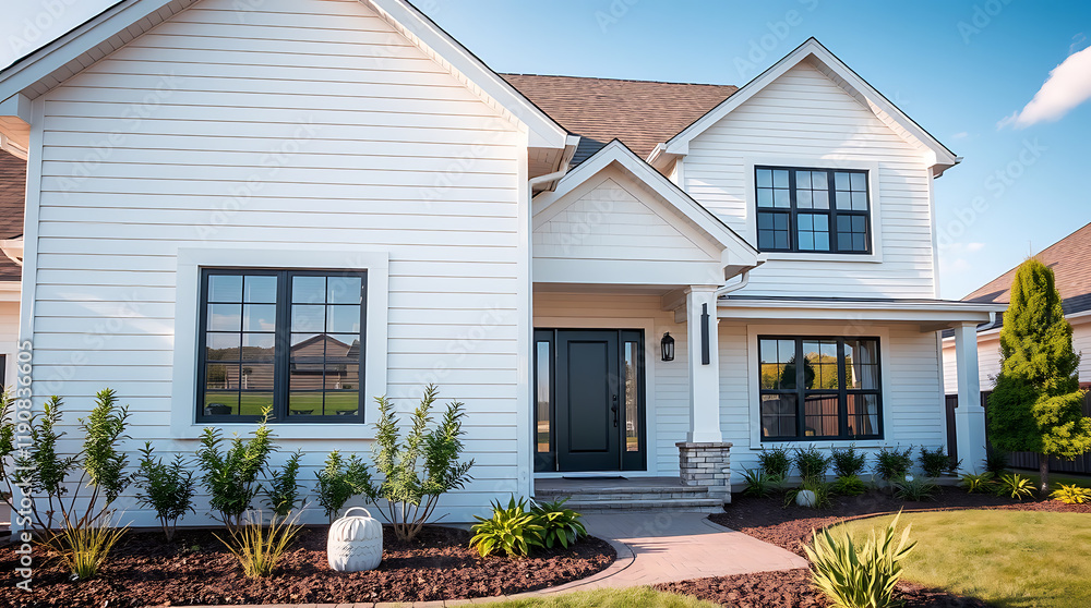 Obraz premium Modern White Farmhouse Exterior: Dream Home Design and Architecture