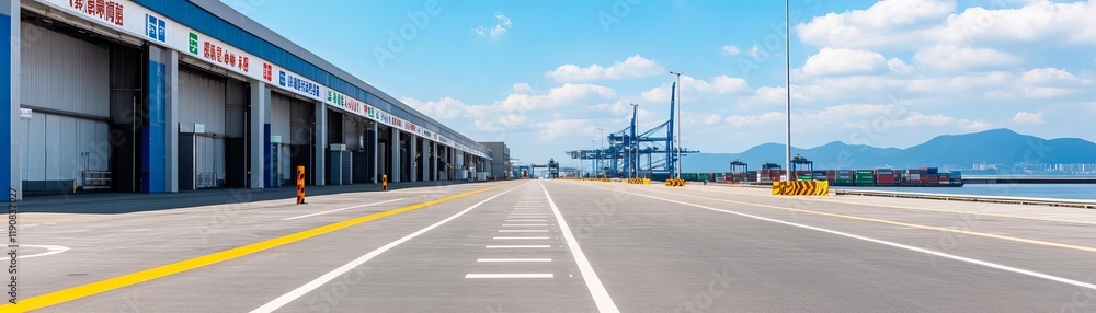 Port with multilingual signs, showcasing international collaboration in logistics Port with multilingual signs, showcasing international collaboration in logistics