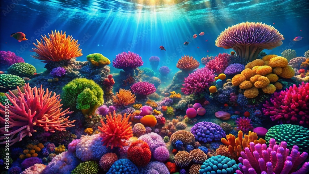 Obraz premium Vibrant Coral Reef Biodiversity: Neon Polyps in Serene Underwater Scene