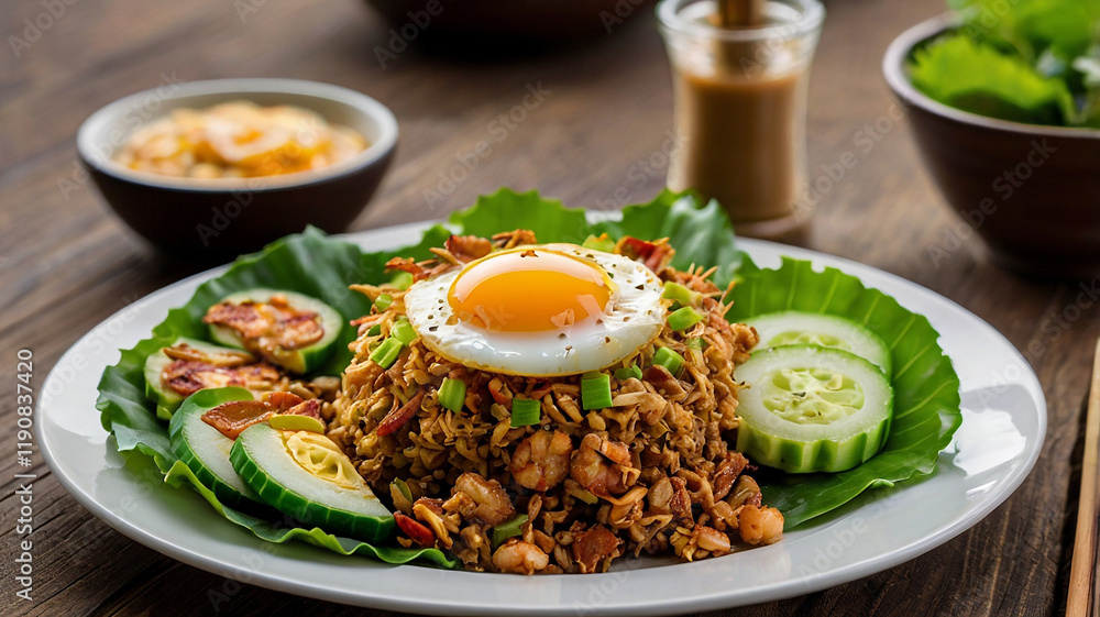 Indonesian Fried Rice with Fried Egg and Shrimp - Traditional Asian Cuisine. Foto Nasi Goreng Spesial Estetik Indonesian Fried Rice with Fried Egg and Shrimp - Traditional Asian Cuisine. Foto Nasi Goreng Spesial Estetik
