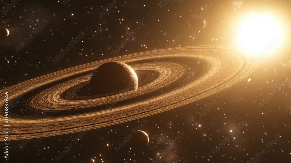 Fototapeta premium Ringed Planet in Space Illuminated by a Bright Star