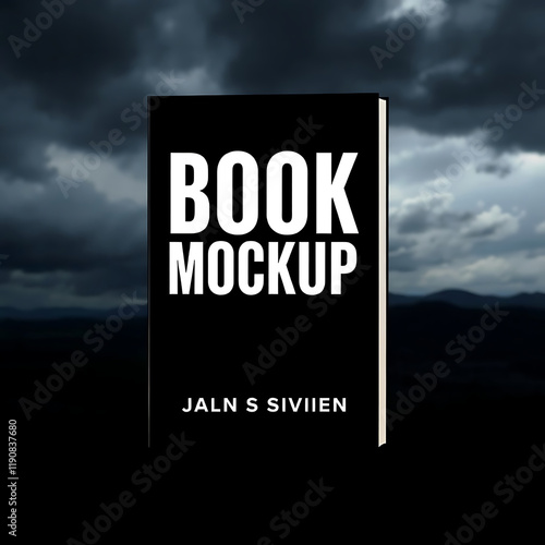 Eye-catching book cover mockup design, minimalist style.  Jet black background, intense dramatic weather, stormy skies, deep shadows. Fresh, high-tension feel