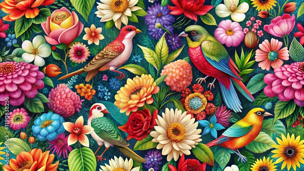 Vibrant Floral Pattern with Birds: Left-Aligned Stock Photo, Copy Space Vibrant Floral Pattern with Birds: Left-Aligned Stock Photo, Copy Space