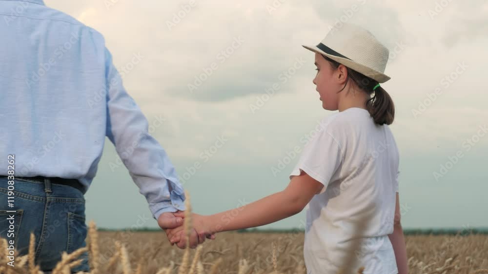 farmer leads child kid daughter by hand through wheat field, happy family, happy family concept, agriculture, man father child kid walk through wheat field, man child together work field, happy family farmer leads child kid daughter by hand through wheat field, happy family, happy family concept, agriculture, man father child kid walk through wheat field, man child together work field, happy family