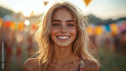 Radiant Blonde Woman at a Festival. Generative AI photo