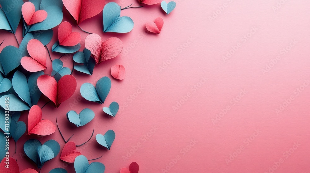 Pink background filled with blue and red hearts creating a playful and romantic pattern design valentine day Pink background filled with blue and red hearts creating a playful and romantic pattern design valentine day