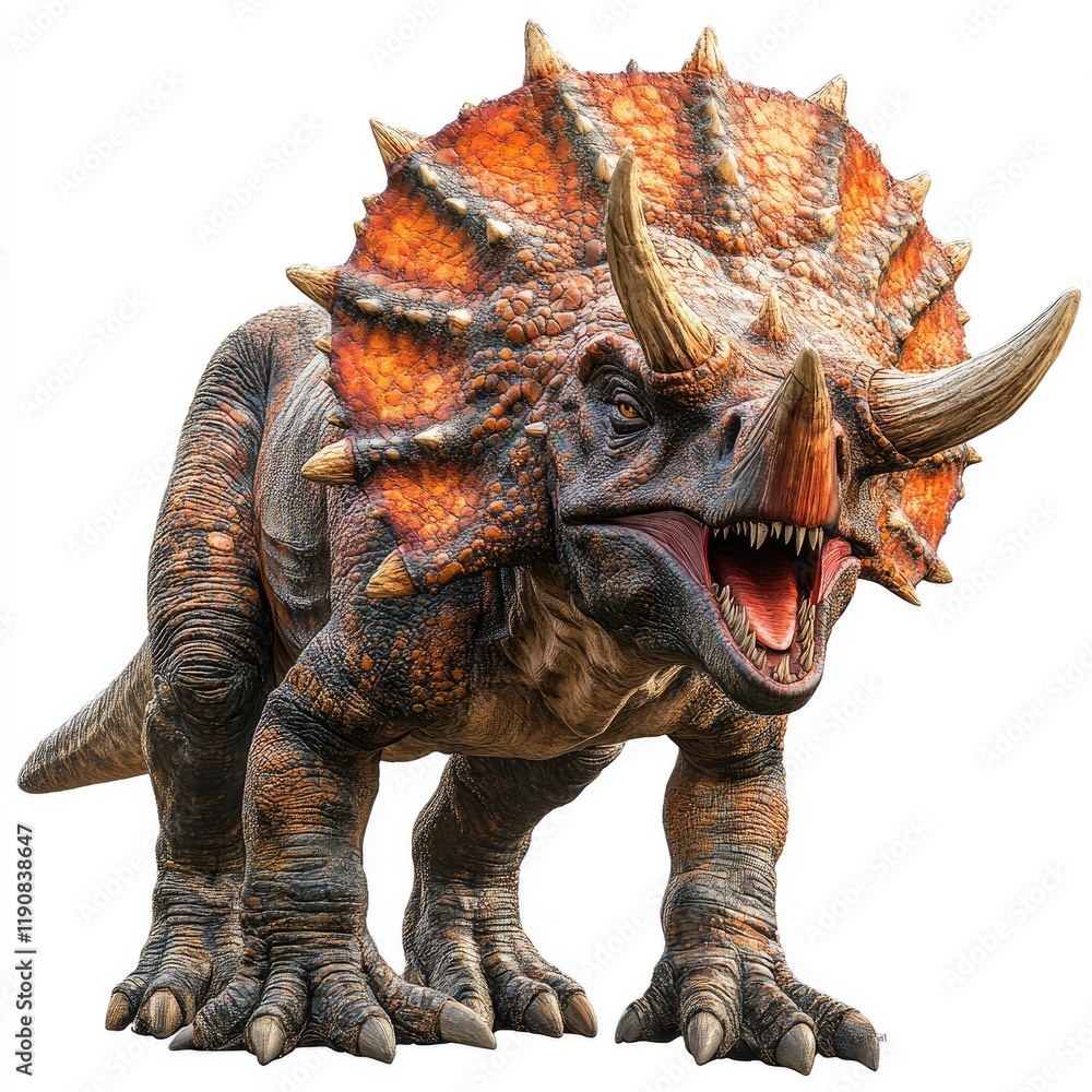 Fototapeta premium Roaring Triceratops dinosaur, prehistoric creature, isolated white background, illustration for educational purposes