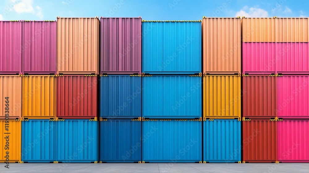 Fototapeta premium Shipping containers stacked high at a bustling port, emphasizing trade volume and capacity