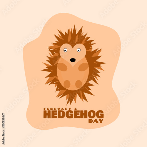 Hedgehog Day to celebrate on February 2nd. Illustration of a cute hedgehog with bold text on beige background. Animal event banner.