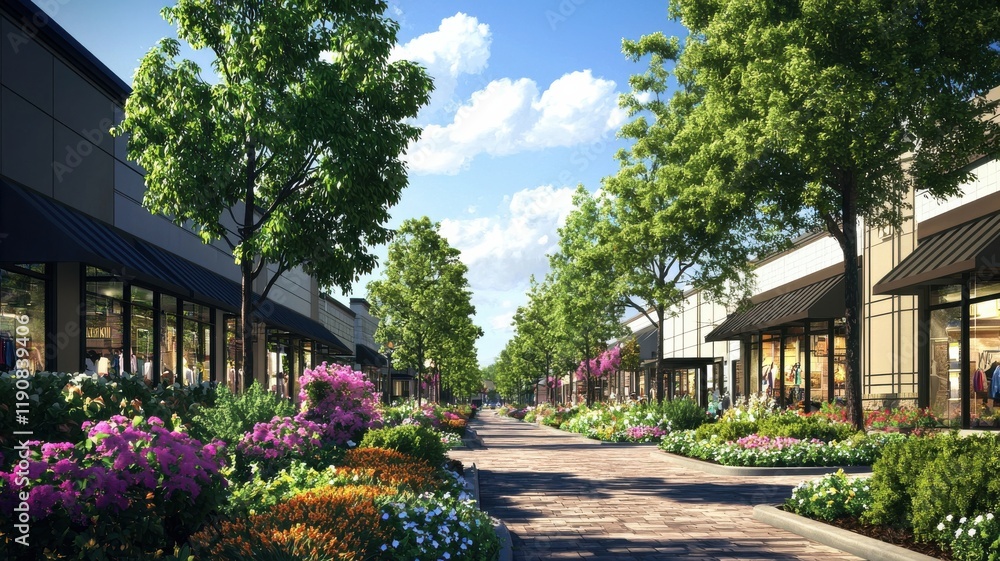 A vibrant outdoor shopping area lined with trees and colorful flowers, featuring modern storefronts under a bright sky. A vibrant outdoor shopping area lined with trees and colorful flowers, featuring modern storefronts under a bright sky.