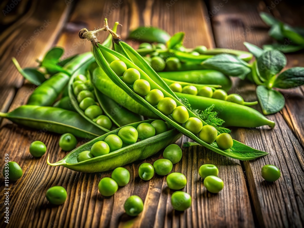 Vibrant Green Pea Pods on Rustic Wooden Table - Fresh Organic Harvest Vibrant Green Pea Pods on Rustic Wooden Table - Fresh Organic Harvest