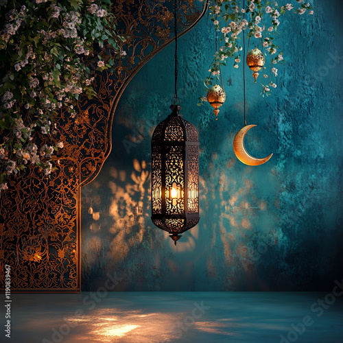 Sophisticated Ramadan backdrop with a deep teal gradient, decorated with intricate gold arabesque patterns, a glowing lantern, and crescent moon details. Square social media post, Ramadan, Eid al-fitr