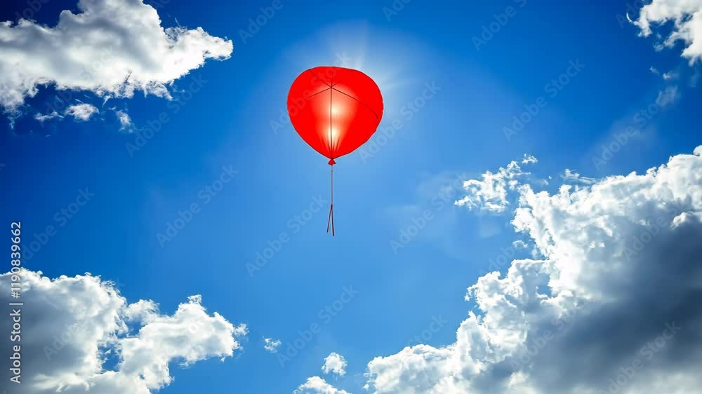 Red balloon ascends into a bright blue sky with fluffy white clouds during a sunny day Red balloon ascends into a bright blue sky with fluffy white clouds during a sunny day