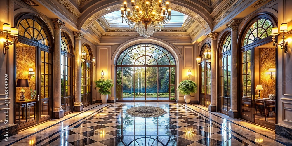 Fototapeta premium Luxurious Foyer with Grand Arched Glass Door - Elegant Home Entrance Stock Photo