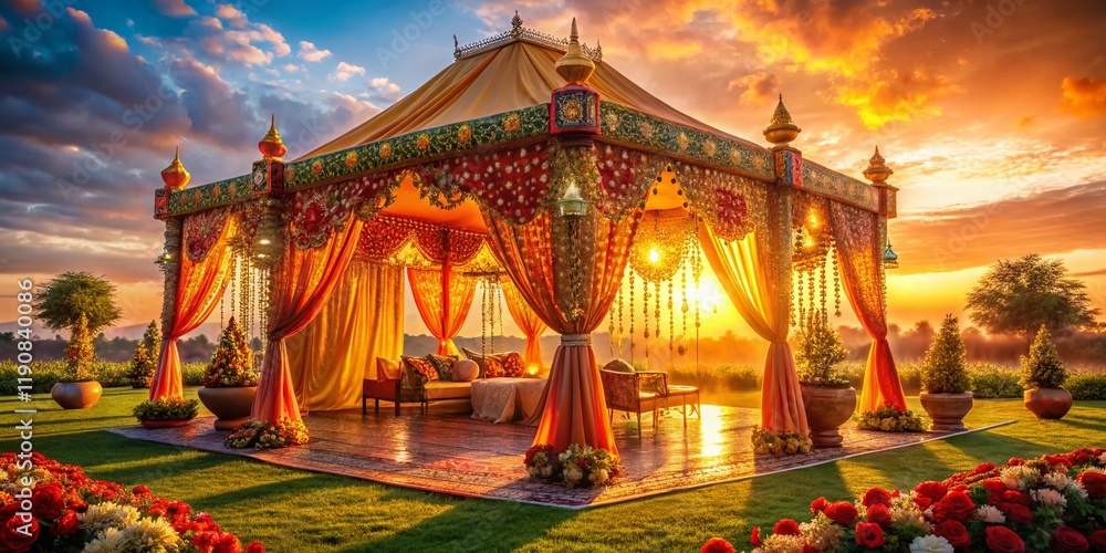 Fototapeta premium Vibrant Indian Wedding Tent Decor, Festive Celebration, Colorful Canopy, Traditional South Asian Wedding Setup, Marigold Flower Decoration