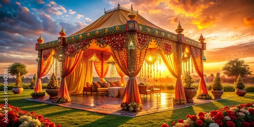 Vibrant Indian Wedding Tent Decor, Festive Celebration, Colorful Canopy, Traditional South Asian Wedding Setup,  Marigold Flower Decoration