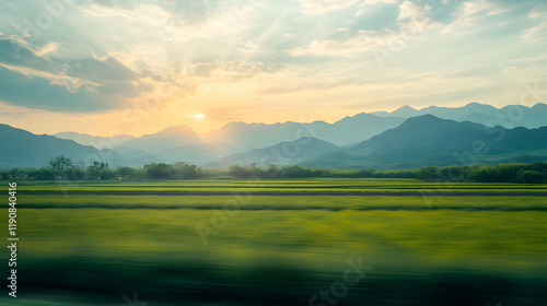 A modern bullet train speeding through rural China, with rice paddies and distant mountains as the background, during a high-tech journey