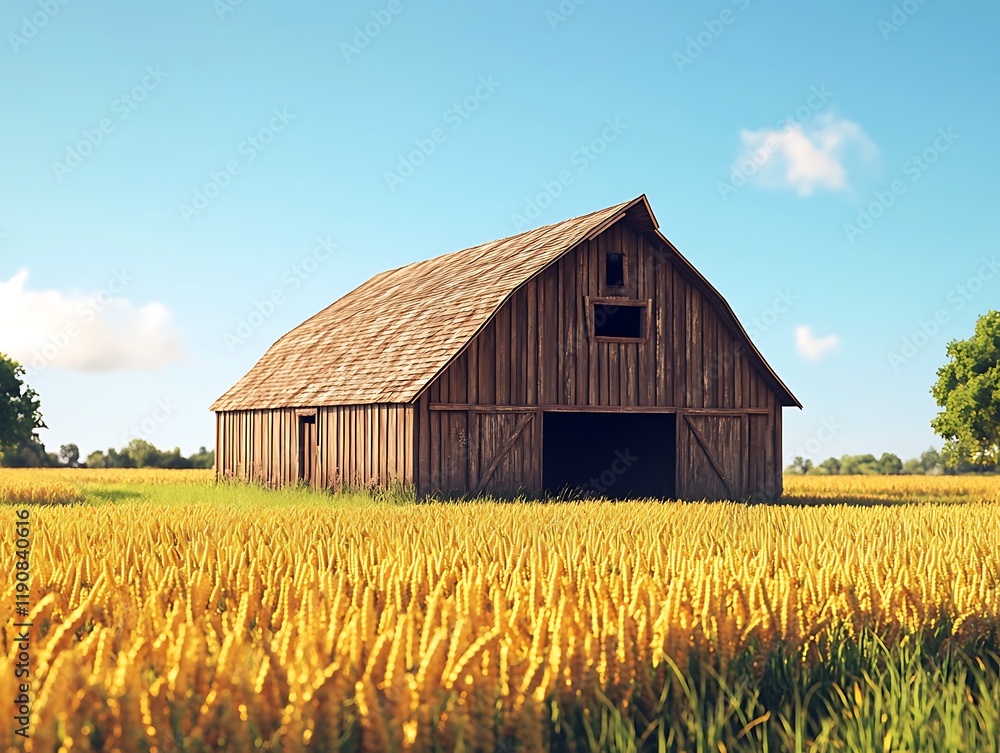 A rustic barn surrounded by fields of golden crops under a clear bright blue sky peaceful farm life A rustic barn surrounded by fields of golden crops under a clear bright blue sky peaceful farm life