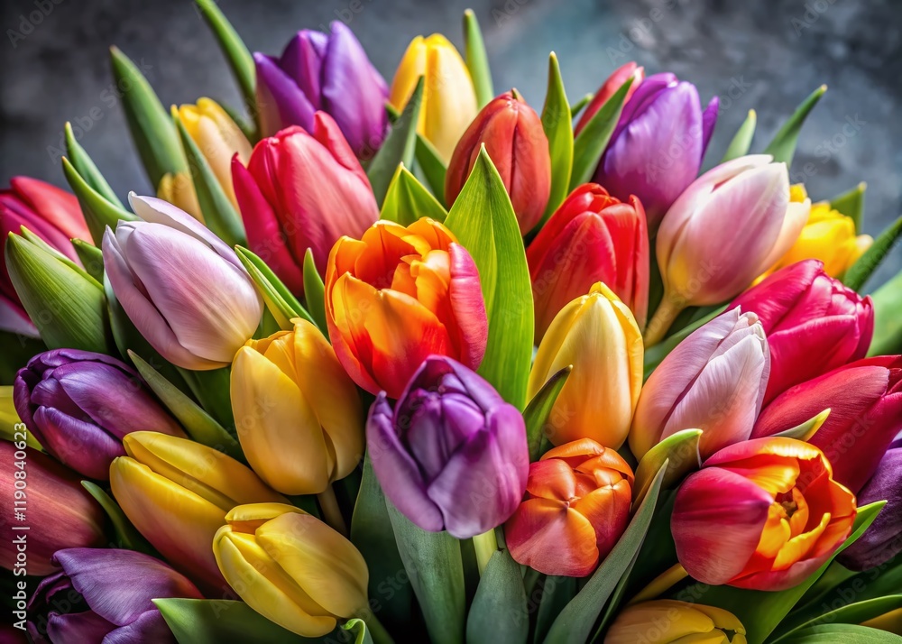 Fototapeta premium Vibrant Mixed Color Tulips Bouquet Spring Flowers Close Up