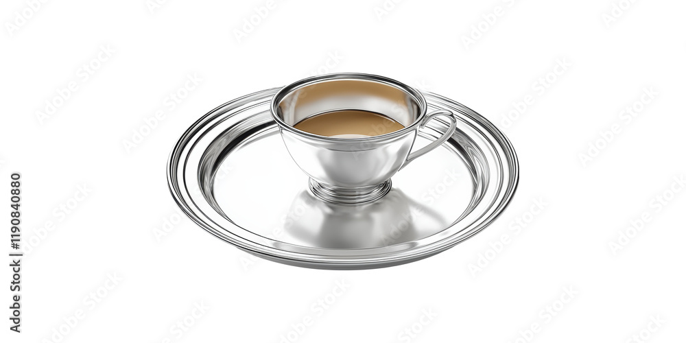 Silver tea cup with saucer isolated on transparent background Silver tea cup with saucer isolated on transparent background