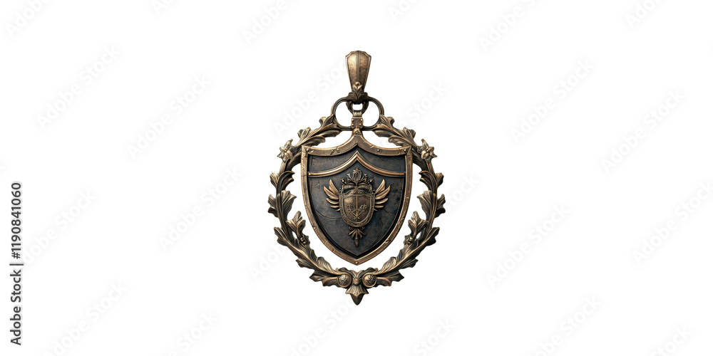 Ornate metal shield emblem pendant isolated on transparent background Ornate metal shield emblem pendant isolated on transparent background