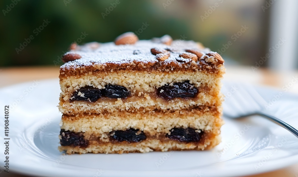 Layered almond and prune cake, Generative AI Layered almond and prune cake, Generative AI