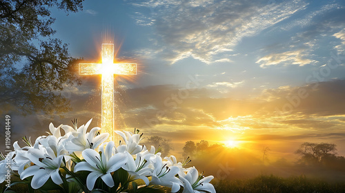 Serene sunrise landscape featuring a radiant cross and white lilies.  Ideal for Easter, religious, or inspirational themes. Evokes peace, hope, and faith. Perfect for cards, websites, or social media.