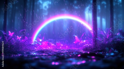 Rainbow over a mystical forest with glowing aura, fairies, unicorns, and vibrant flora