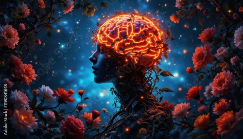 A woman's profile, brain interwoven with glowing vines amidst a night garden.