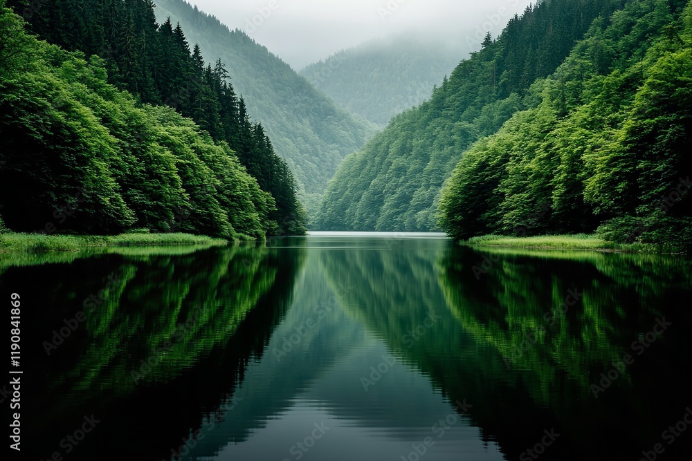 A tranquil lake reflects the lush green mountains, creating a serene atmosphere. Thick forests border the water, with mist softly covering the peaks in the background A tranquil lake reflects the lush green mountains, creating a serene atmosphere. Thick forests border the water, with mist softly covering the peaks in the background