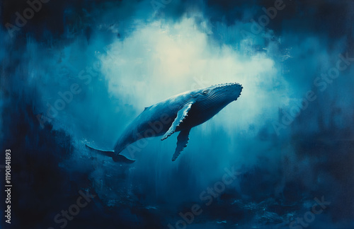 Wallpaper Mural Abstract oil painting of a humpback whale swimming in the ocean, with dark blue and light cyan tones, Torontodigital.ca