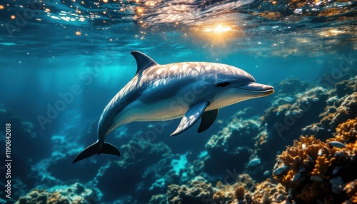 Majestic Dolphin Swimming in a Coral Reef Underwater Scene