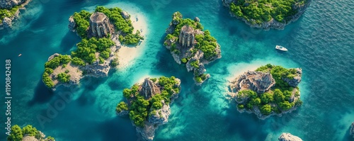 Aerial view of tropical islands with lush greenery and clear turquoise water. Perfect for travel, vacation, or paradise themes.