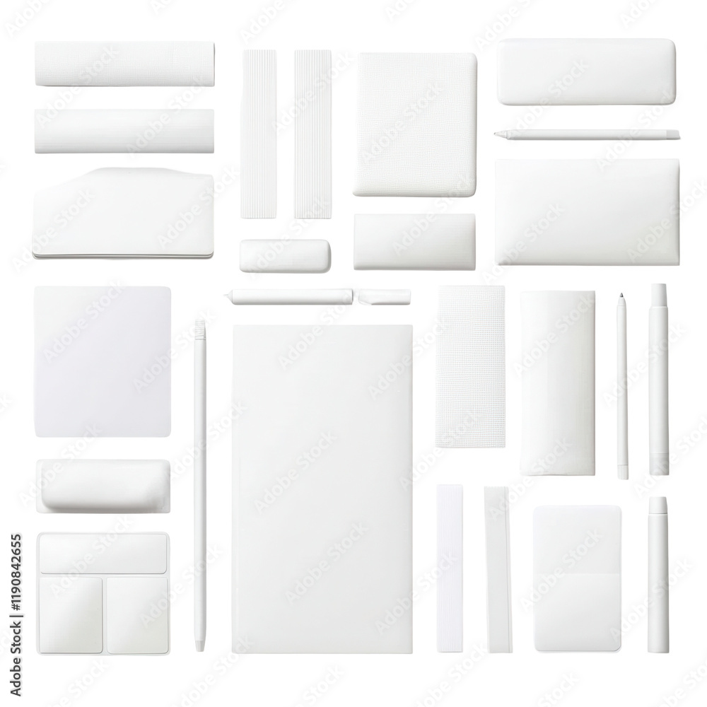 Artistic collection of white stationery items transparent background product minimalist environment Artistic collection of white stationery items transparent background product minimalist environment
