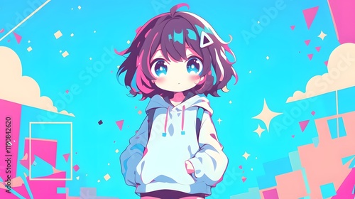 A chibi anime girl character in a casual outfit, radiating cuteness and charm with a vibrant, colorful backdrop photo