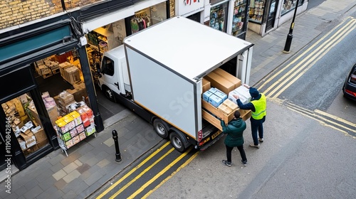 Workers unloading goods from a truck at a small retail outlet, showcasing last-mile delivery