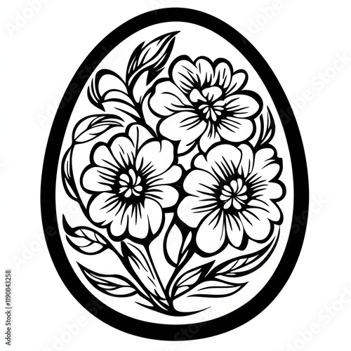 Easter egg line art black and white illustration, art for print, sketch tattoo idea, floral and botanical  ornament, flowers, Easter ideas for eggs drawing, printable, on white background  photo