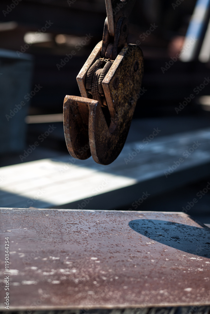 Clamp for lifting sheet metal with a crane. Clamp for moving metal plates with thick metal plates lying next to them Clamp for lifting sheet metal with a crane. Clamp for moving metal plates with thick metal plates lying next to them