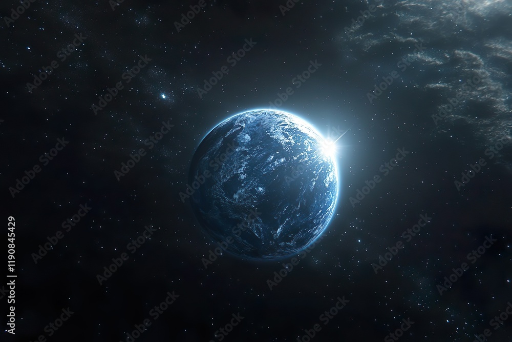 Obraz premium This is a space photography image of a beautiful blue planet that looks like Earth in a vast dark space with shining stars.