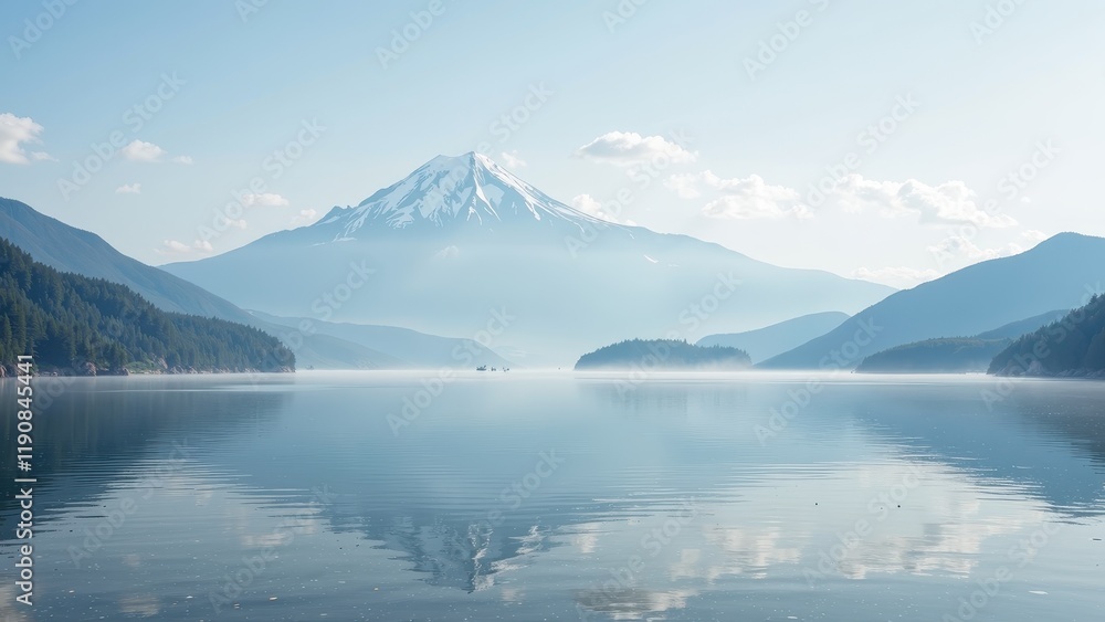 A serene lake embraces a mirrored mountain peak within its tranquil waters, surrounded by expansive skies. Calm ripples gently dance across the glass-like surface, capturing nature's harmony in a wide A serene lake embraces a mirrored mountain peak within its tranquil waters, surrounded by expansive skies. Calm ripples gently dance across the glass-like surface, capturing nature's harmony in a wide