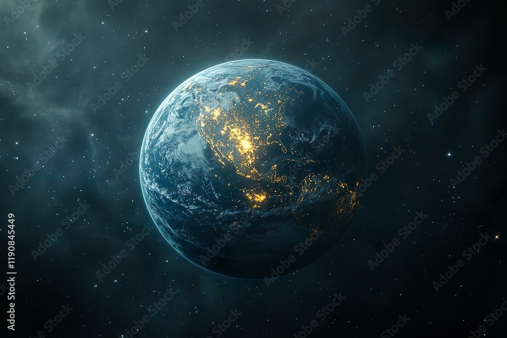 Obraz premium This is a space photography image of a beautiful blue planet that looks like Earth in a vast dark space with shining stars.