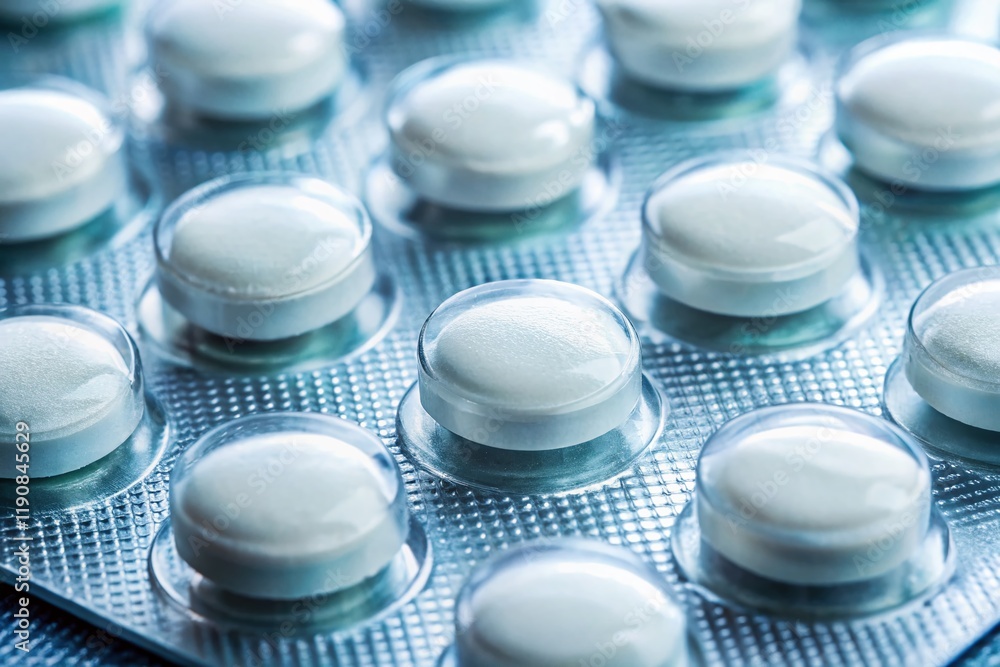 Macro Close-up of White Medical Tablets in Blister Pack - Pharmacy Healthcare Stock Photo Macro Close-up of White Medical Tablets in Blister Pack - Pharmacy Healthcare Stock Photo