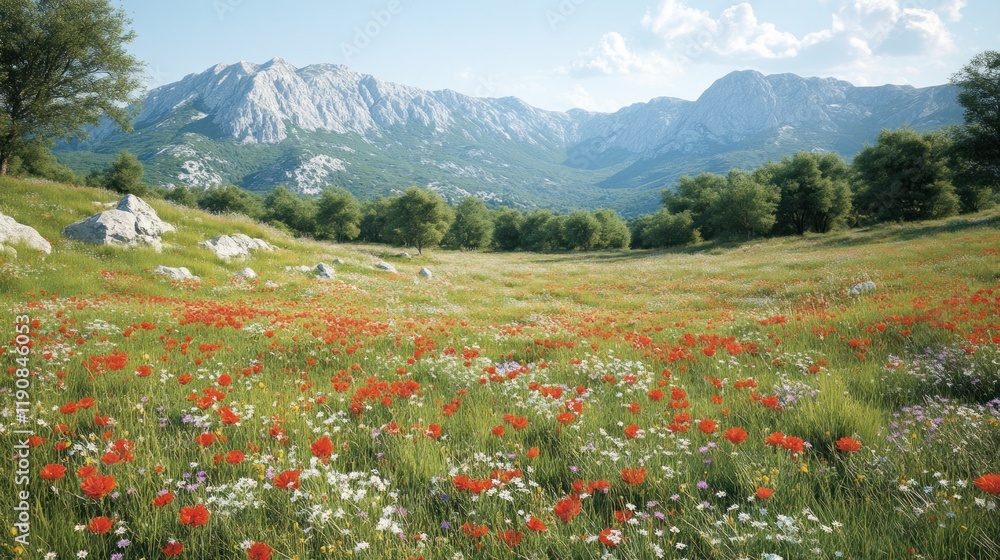 Vibrant Wildflower Meadow with Mountain Backdrop Serene Landscape for Nature Enthusiasts Vibrant Wildflower Meadow with Mountain Backdrop Serene Landscape for Nature Enthusiasts