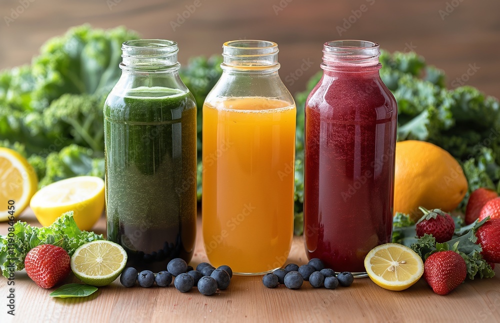 Three different detox smoothies in various colors with vegetables and berries. Three different detox smoothies in various colors with vegetables and berries.