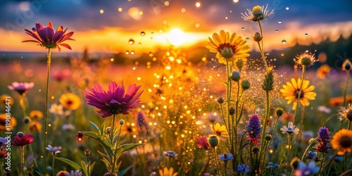 Vibrant Wildflowers Blooming at Dusk, Summer Meadow, Low Light Photography