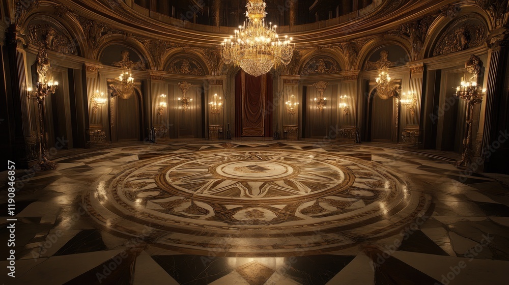 Obraz premium An elegant marble floor with intricate patterns, illuminated by a chandelier overhead, creating an atmosphere of grandeur