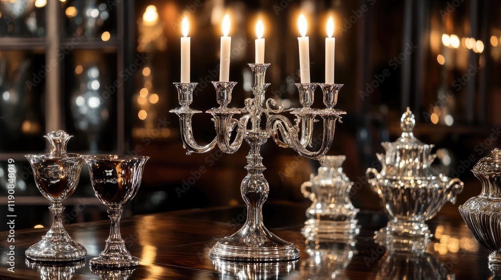A finely polished silver candelabra with lit candles, resting on a glossy, dark wood table, surrounded by luxurious decor A finely polished silver candelabra with lit candles, resting on a glossy, dark wood table, surrounded by luxurious decor
