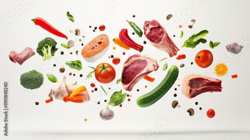 Various vegetables and meat flying in the air chaotically. White isolated food design elements.