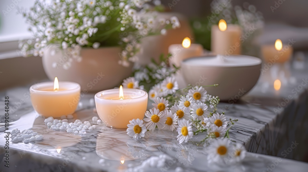 Candles and small white flowers arranged on a marble surface, creating a calm and soothing ambiance. Candles and small white flowers arranged on a marble surface, creating a calm and soothing ambiance.